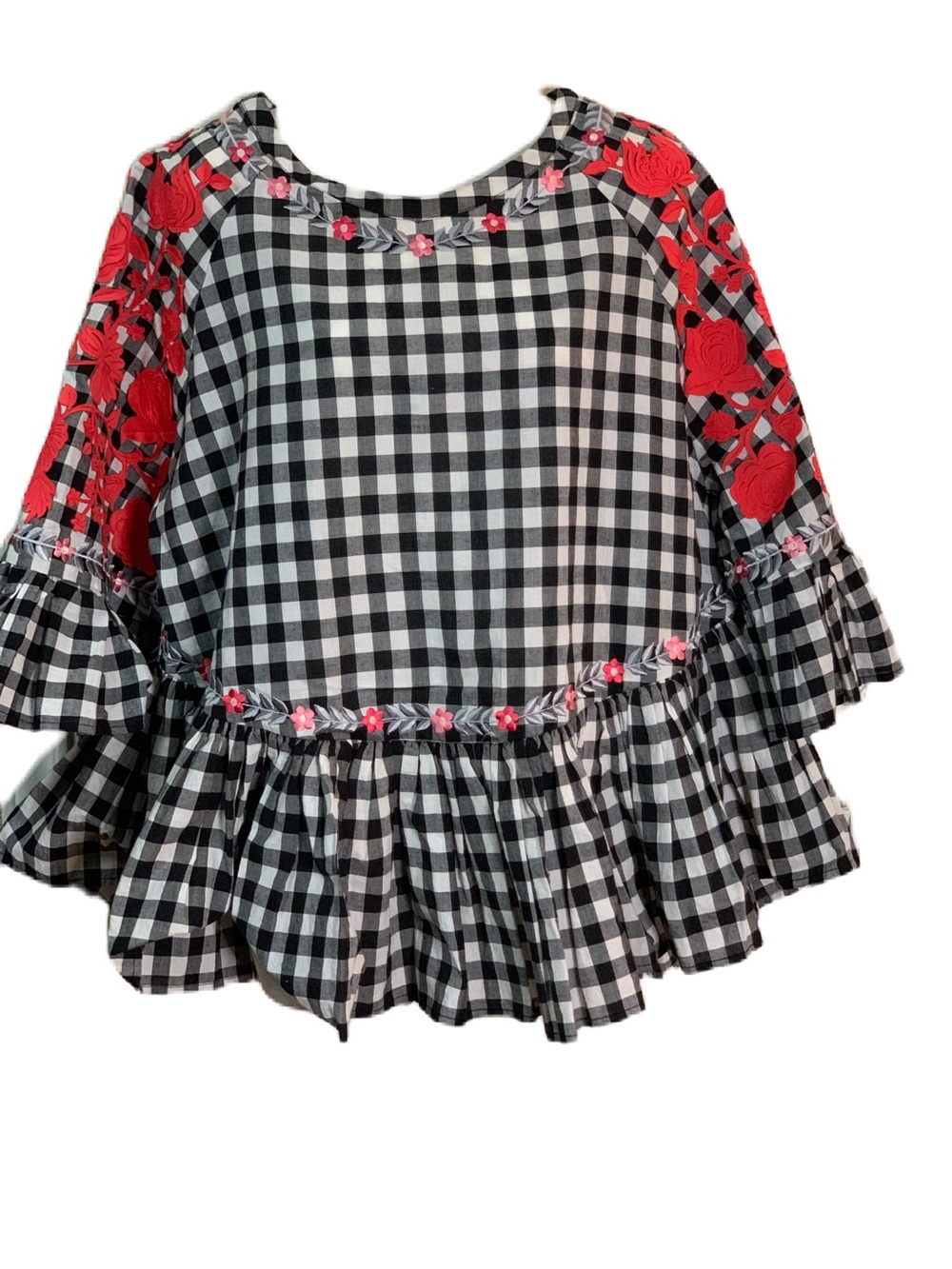 Anthropologie Pankaj Nidhi Gingham Swing Ruffle Embroidered Top Size Medium Boho